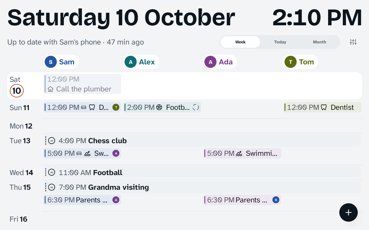 The kitchen display's week: a column each for Sam, Alex, Ada and Tom, a row for each day, today lifted as a card and circled in coral. Each entry sits on its person's colour; Chess club, Football and Grandma visiting run across everyone's columns.