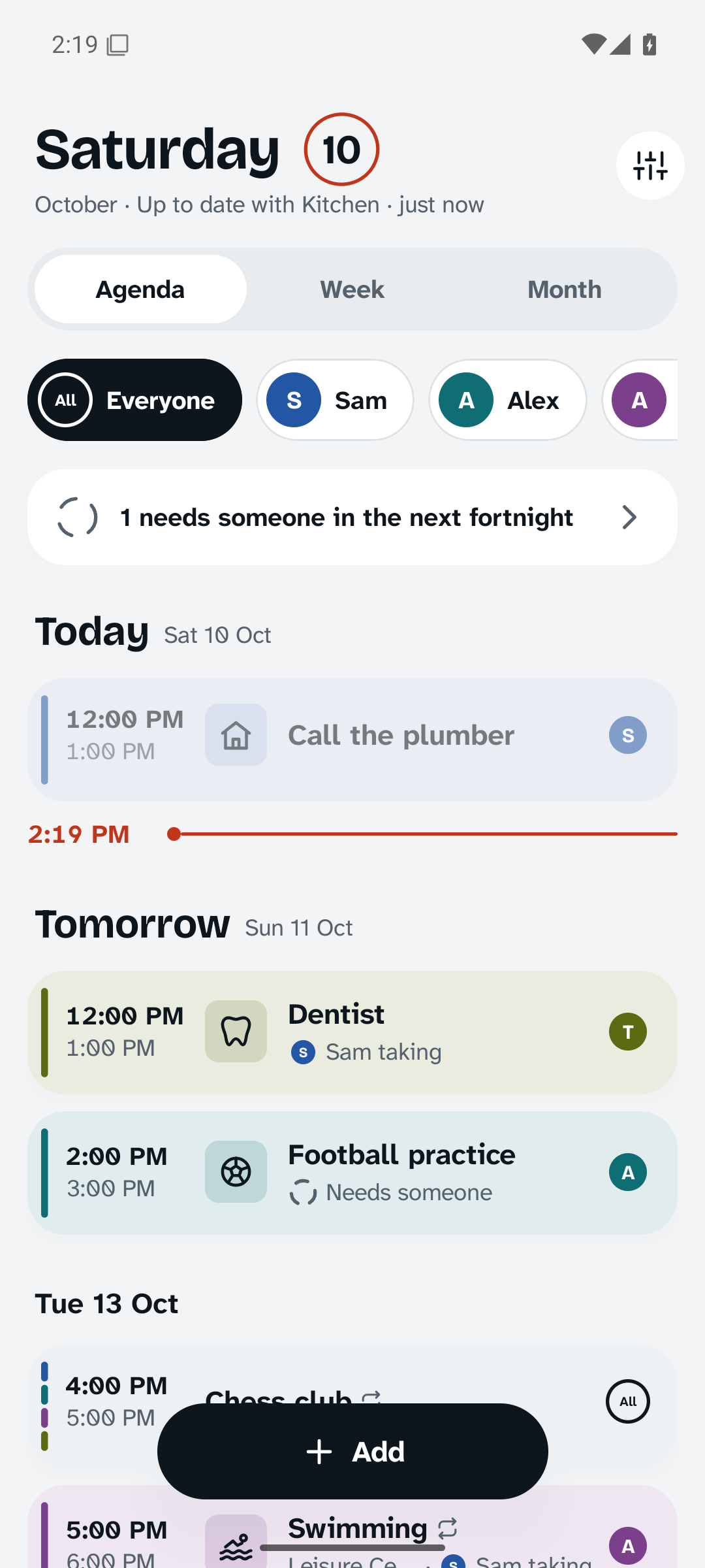 The phone agenda: Saturday with today circled, one event that needs someone, and entries on each person's colour: the dentist tomorrow with Sam taking, football practice that still needs someone.