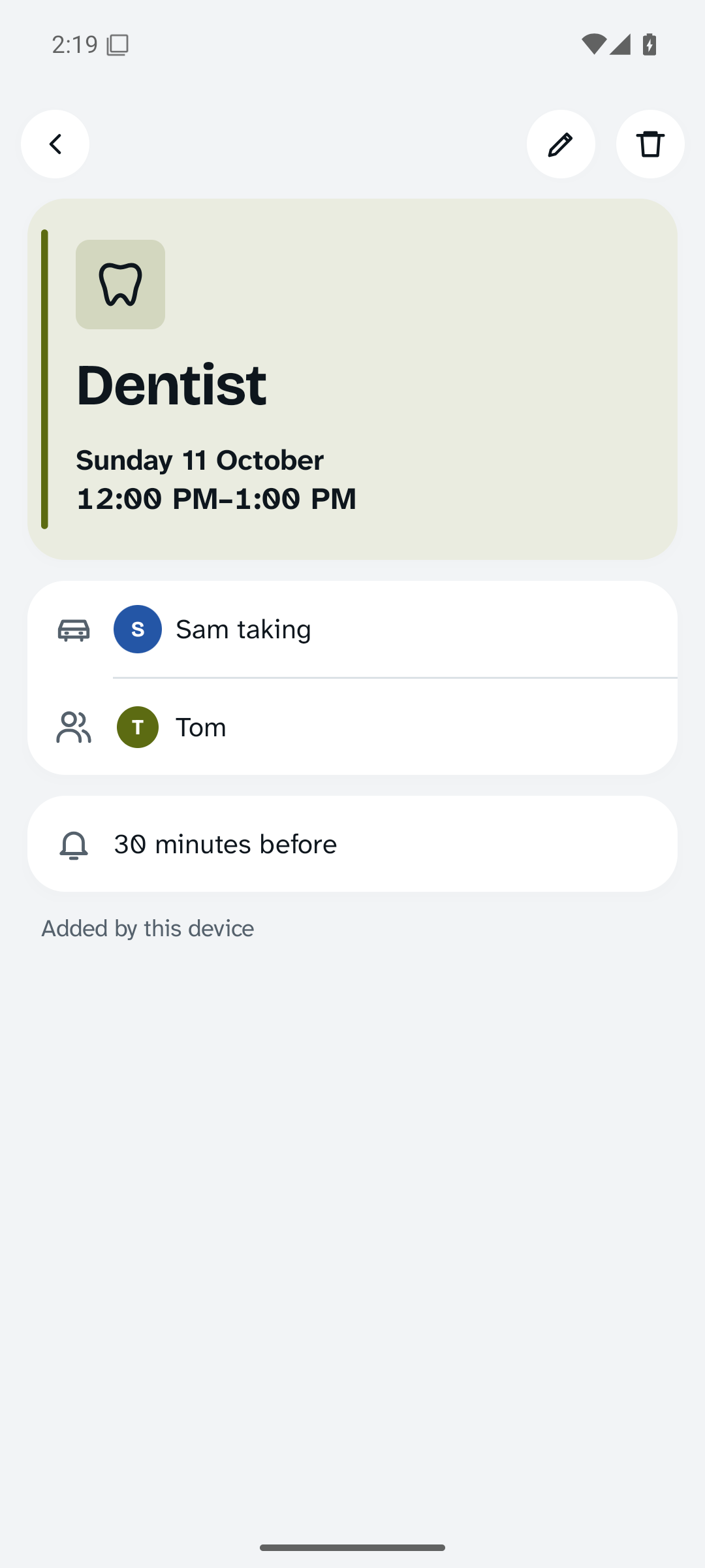 Dentist, Sunday 11 October, 12 to 1 PM, Sam taking Tom.