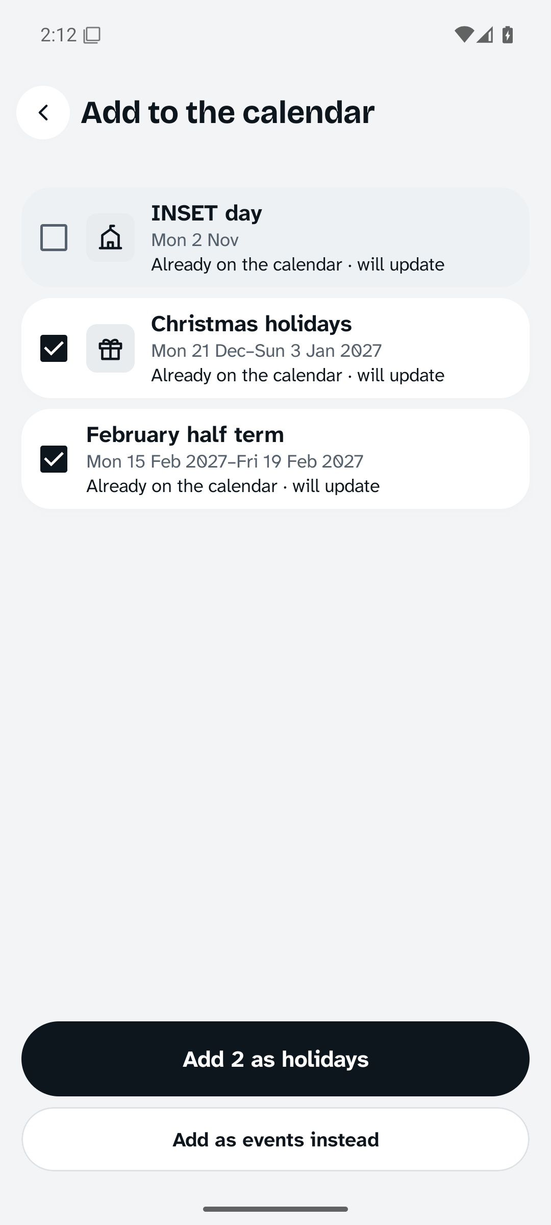 A school's file offers INSET day, Christmas holidays and February half term, with the button Add 3 as holidays.