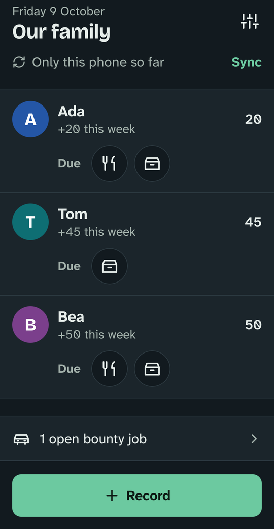 The home screen in dark mode.