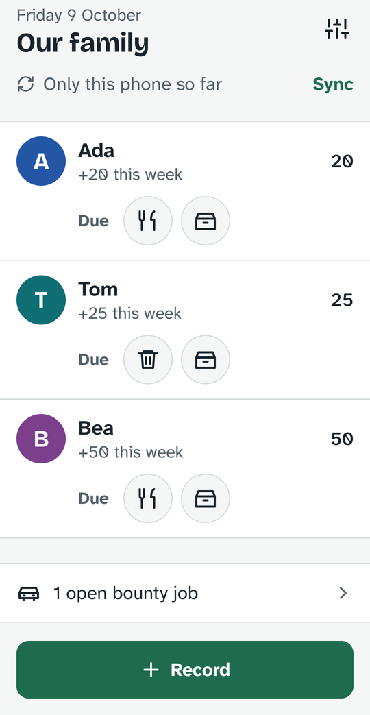 The home screen: three children with their balances, the activities due today, and a Record button.