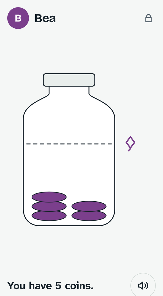 Picture style: a jar holding five coins, with a dashed line and a kite marking the savings goal.