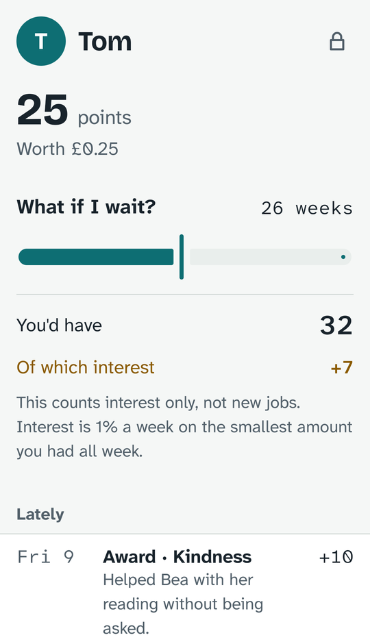 Number style: 25 points, a 'What if I wait?' slider showing 32 points after 26 weeks, of which 7 are interest.