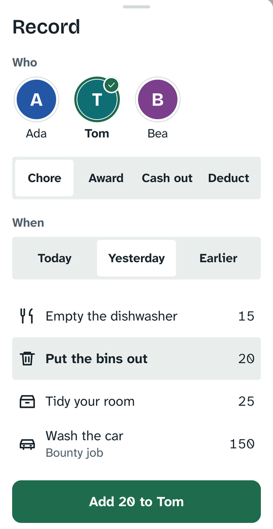 The Record sheet: choose children, choose a chore, award, cash-out or deduction, and when it happened.