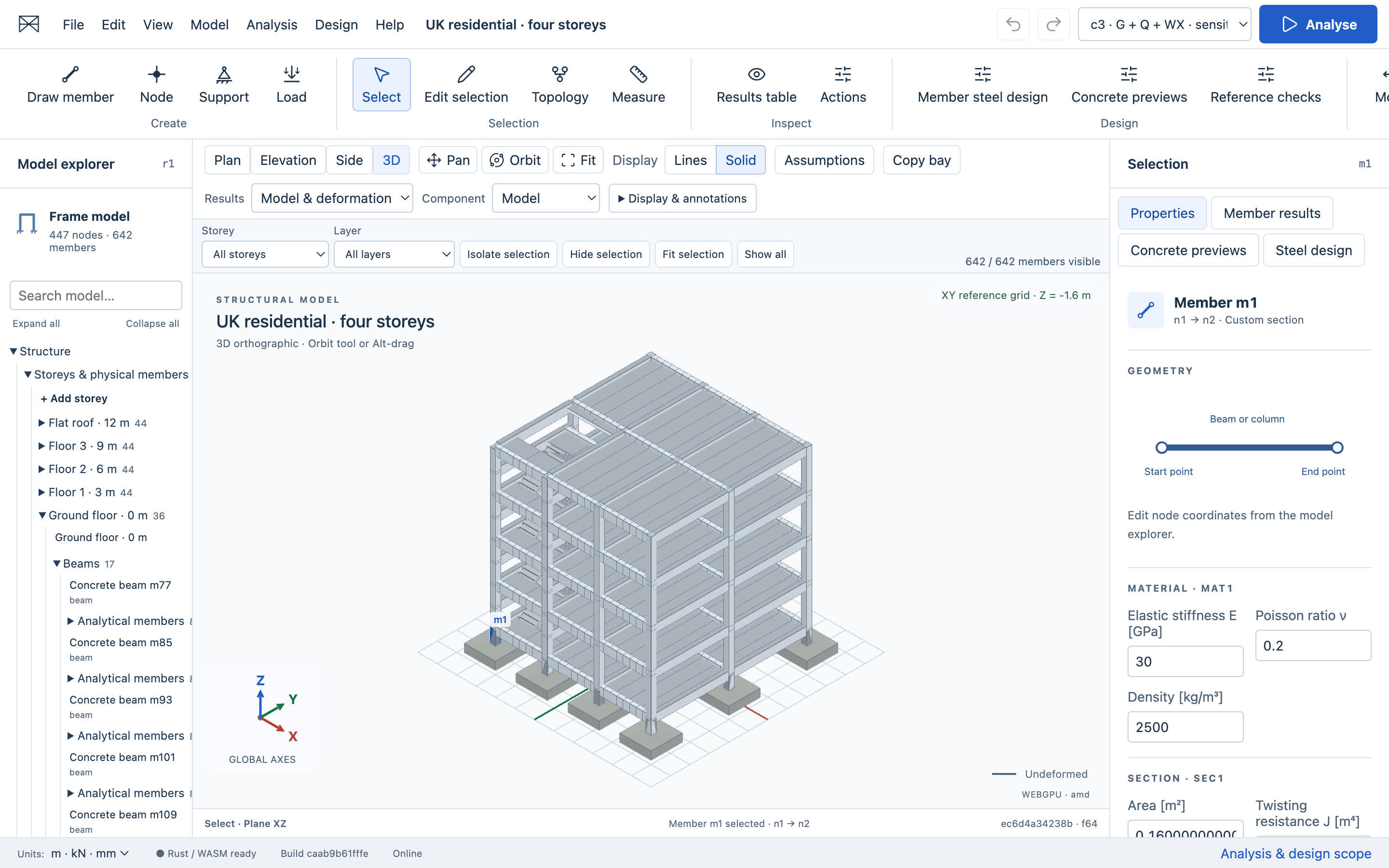 Structural Workbench showing the four-storey residential frame, Model Explorer, 3D solid view and Selection Inspector